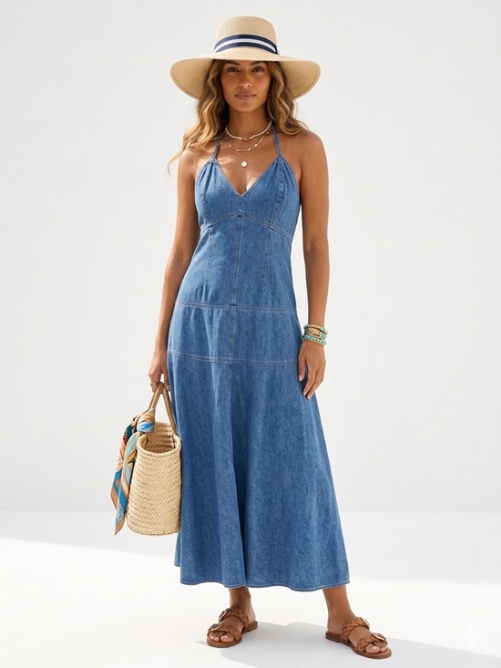 SHEIN Dresses & Skirts - Blue Denim Halter Maxi Dress